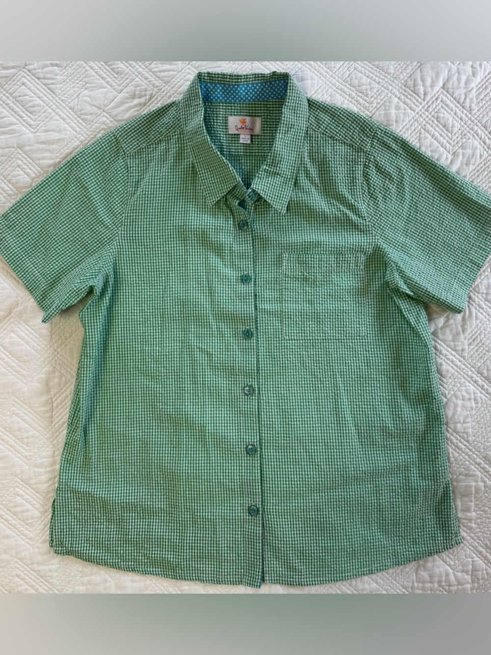 Quacker Factory Seersucker Short Sleeve Button-Down Shirt Woman’s Large Green